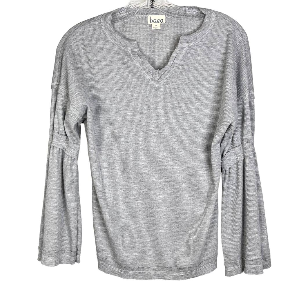 Nordstrom Baea Los Angeles V-Neck Waffle Flare Sleeve Top Gray Knit M - Picture 1 of 6
